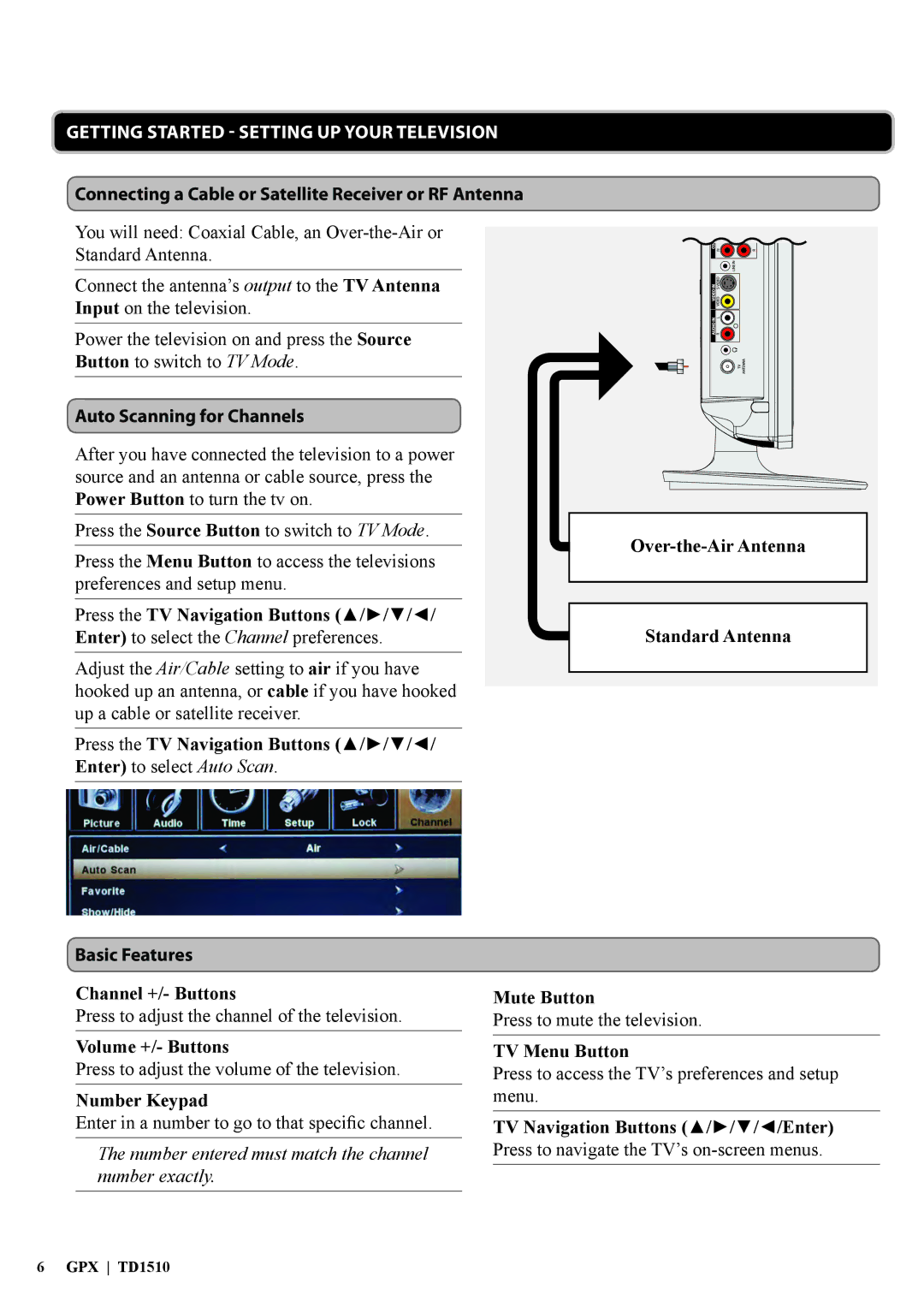 GPX TD1510 manual Getting Started Setting UP Your Television, Connecting a Cable or Satellite Receiver or RF Antenna 