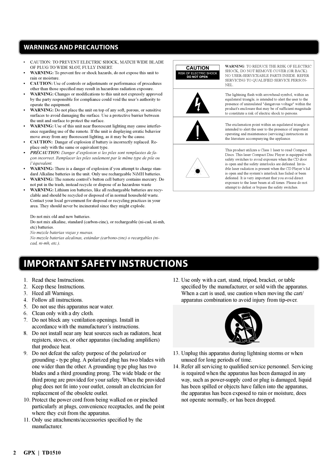 GPX manual Warnings And Precautions, Important Safety Instructions, GPX TD1510 