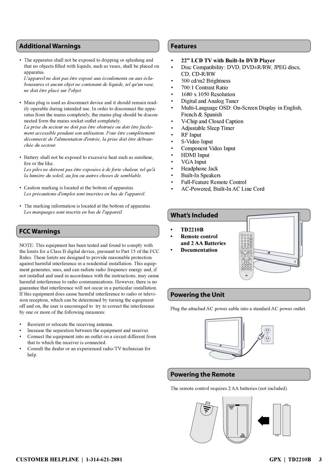 GPX TD2210B2 manual Additional Warnings, FCC Warnings, Features, What’s Included, Powering the Unit, Powering the Remote 