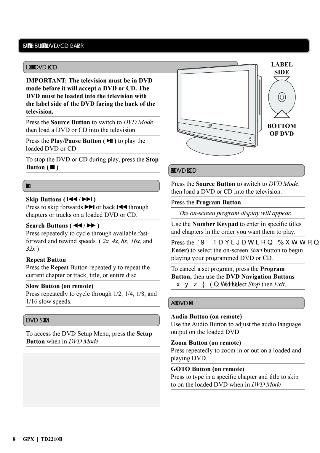 GPX TD2210B2 manual Using the BUILT-IN DVD/CD Player 