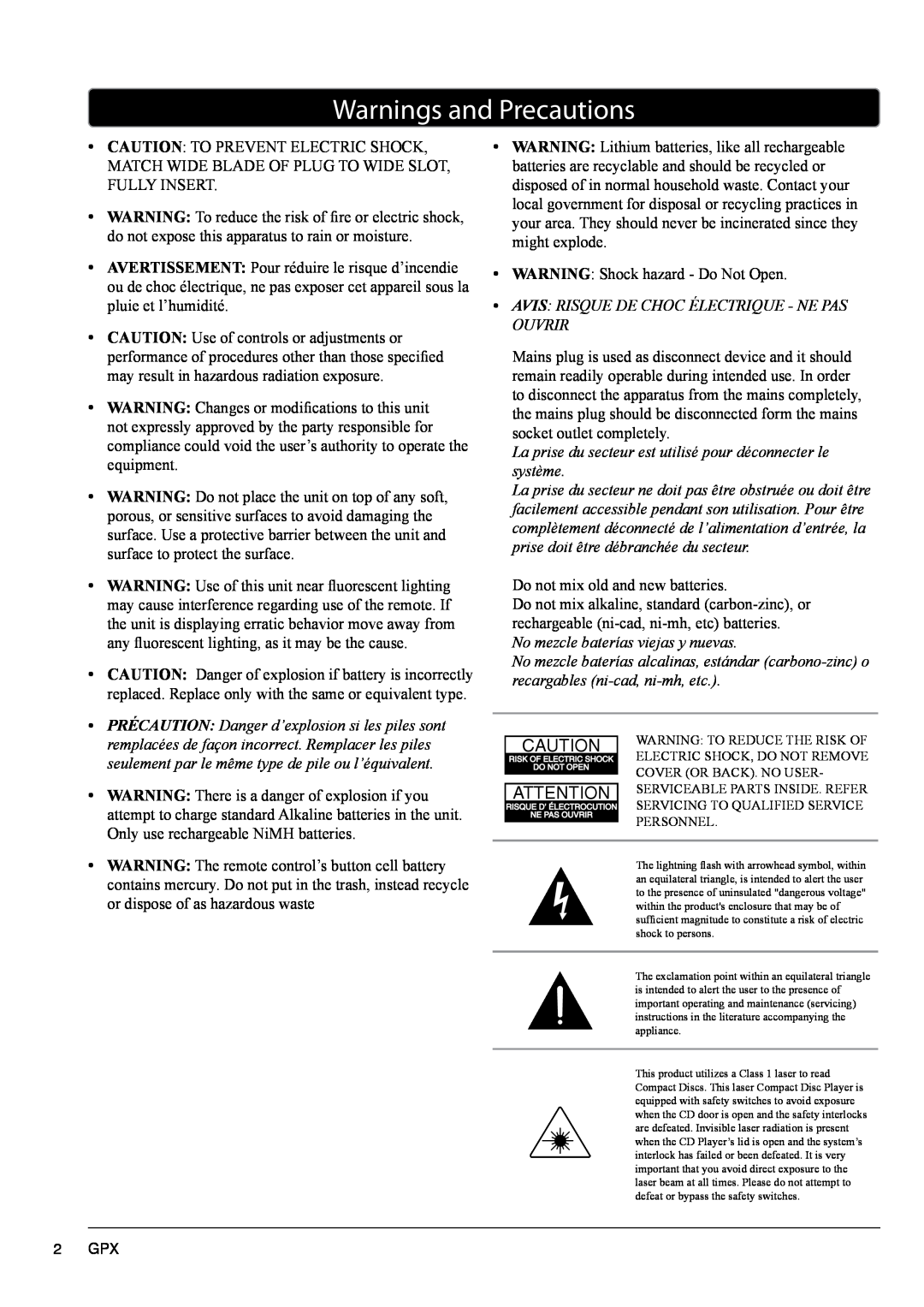 GPX TD2220 Warnings and Precautions, Avis Risque De Choc Électrique - Ne Pas Ouvrir, No mezcle baterías viejas y nuevas 
