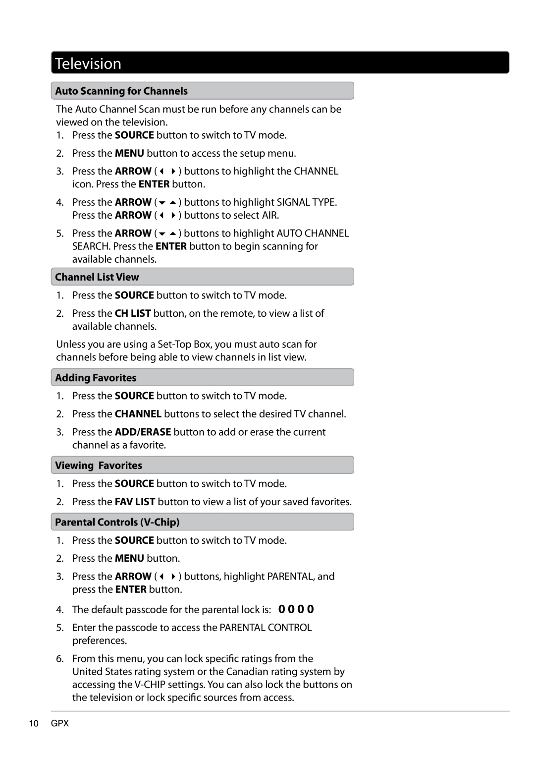 GPX TD2220 manual Television 