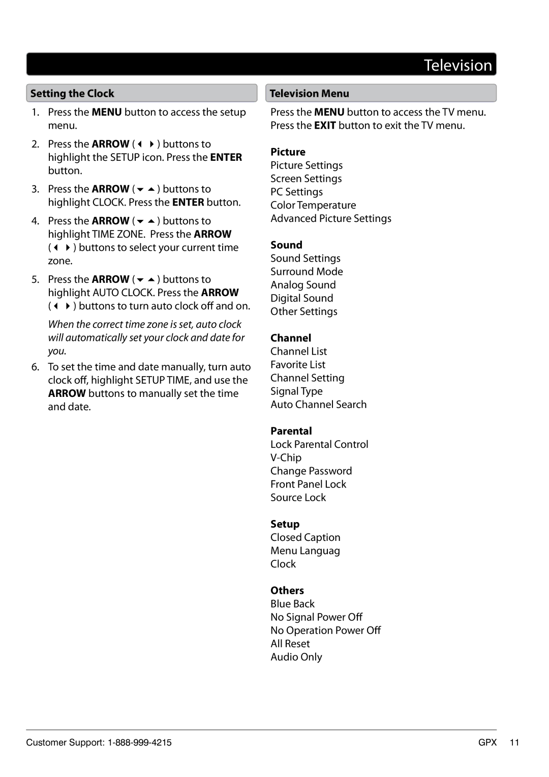 GPX TD2220 manual Setting the Clock, Television Menu, Picture, Sound, Channel, Parental, Others 
