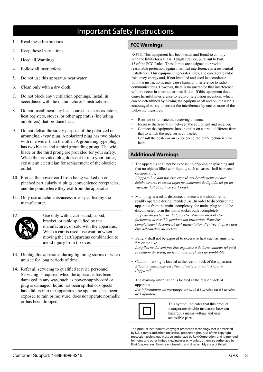 GPX TD2220 manual Important Safety Instructions, FCC Warnings, Additional Warnings 