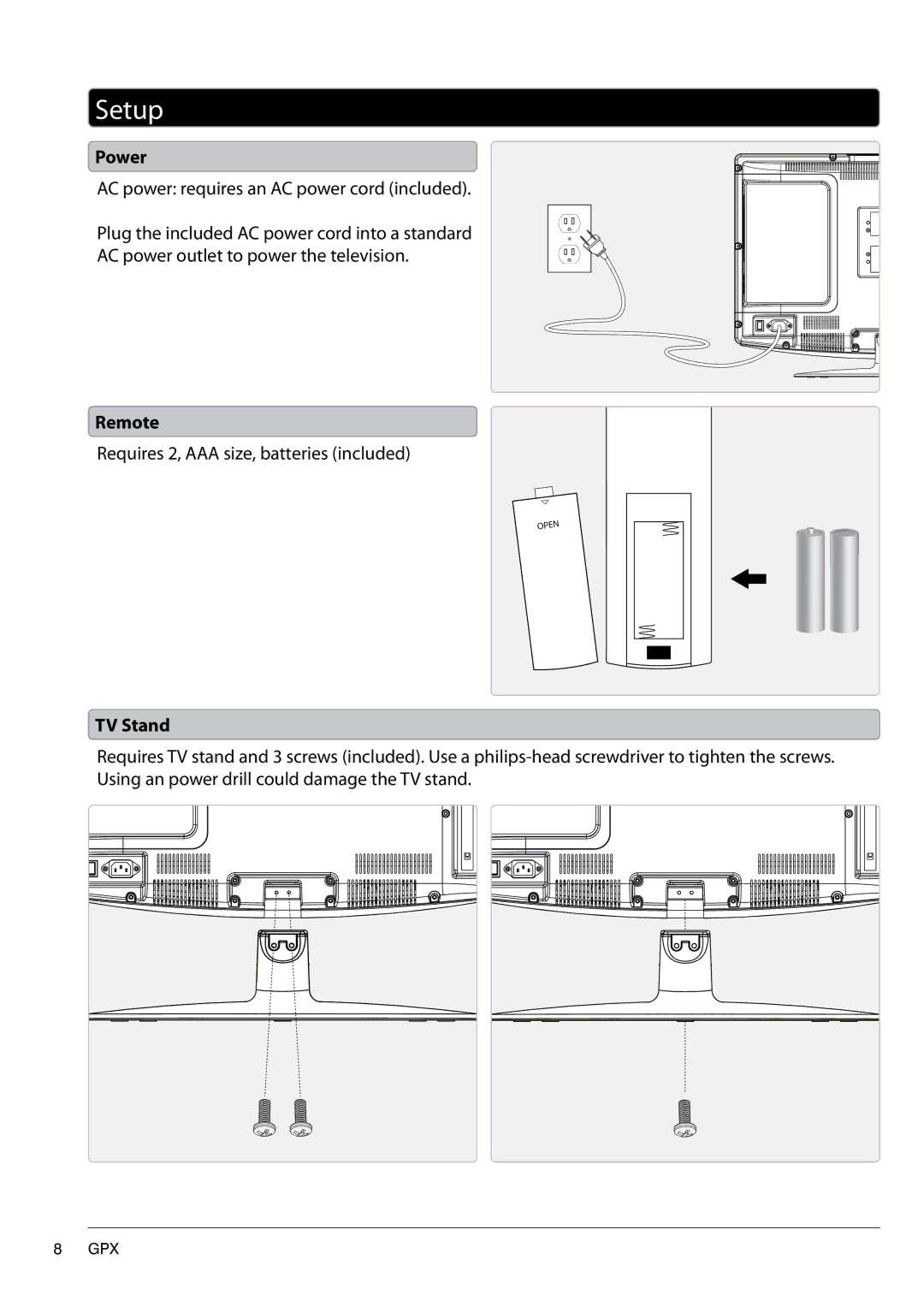 GPX TD2220 manual Setup, Power, Remote, TV Stand 