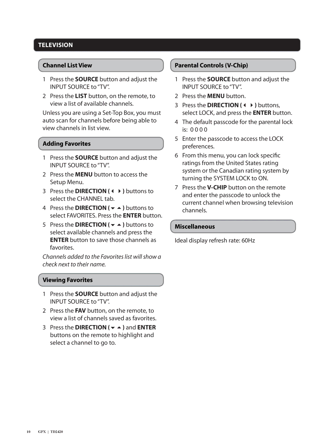 GPX TD2420 manual Television 