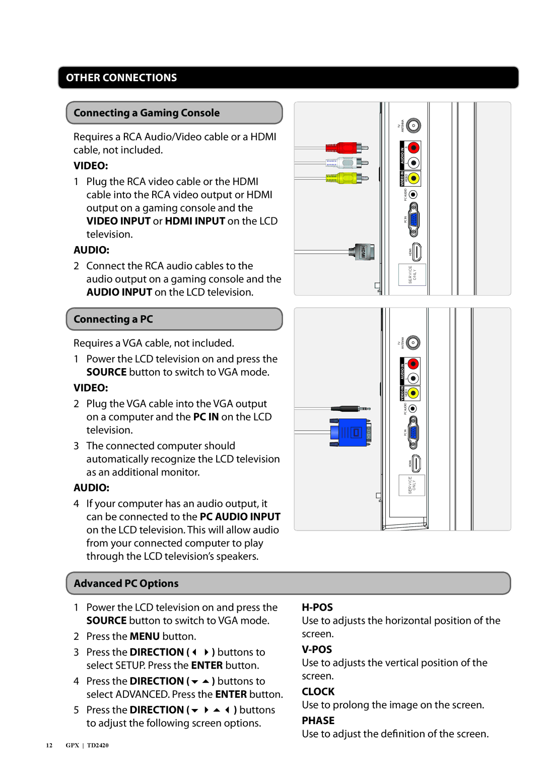 GPX TD2420 manual Other Connections, Connecting a Gaming Console, Connecting a PC, Advanced PC Options 