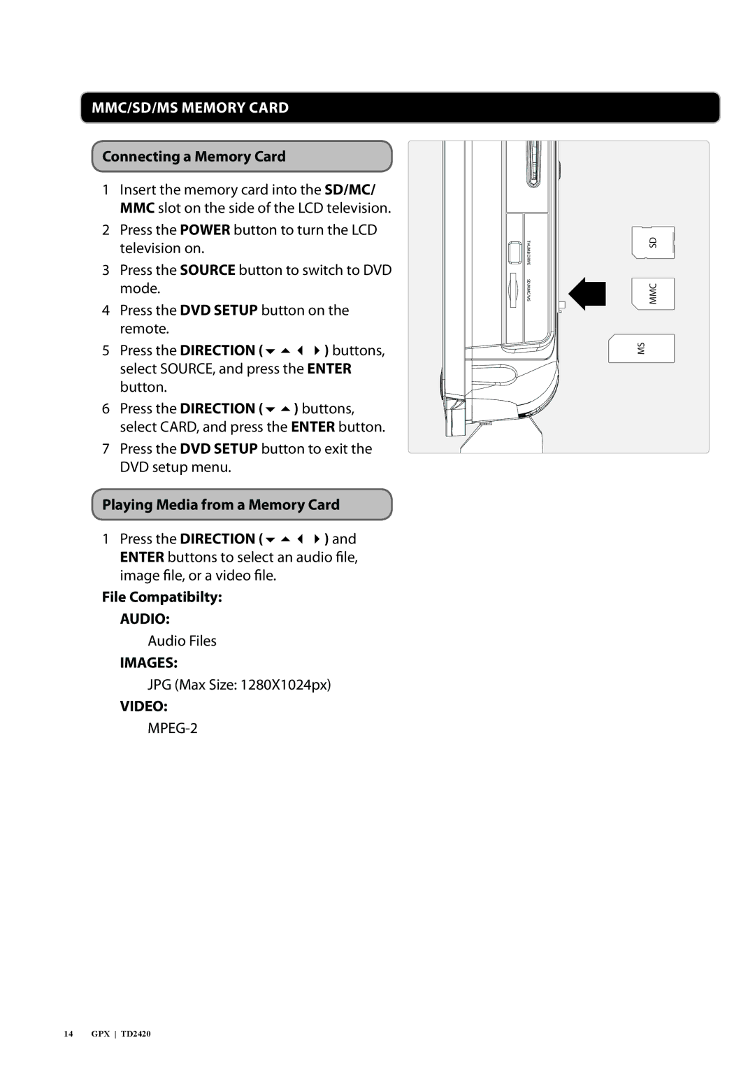 GPX TD2420 manual MMC/SD/MS Memory Card, Connecting a Memory Card, Playing Media from a Memory Card 