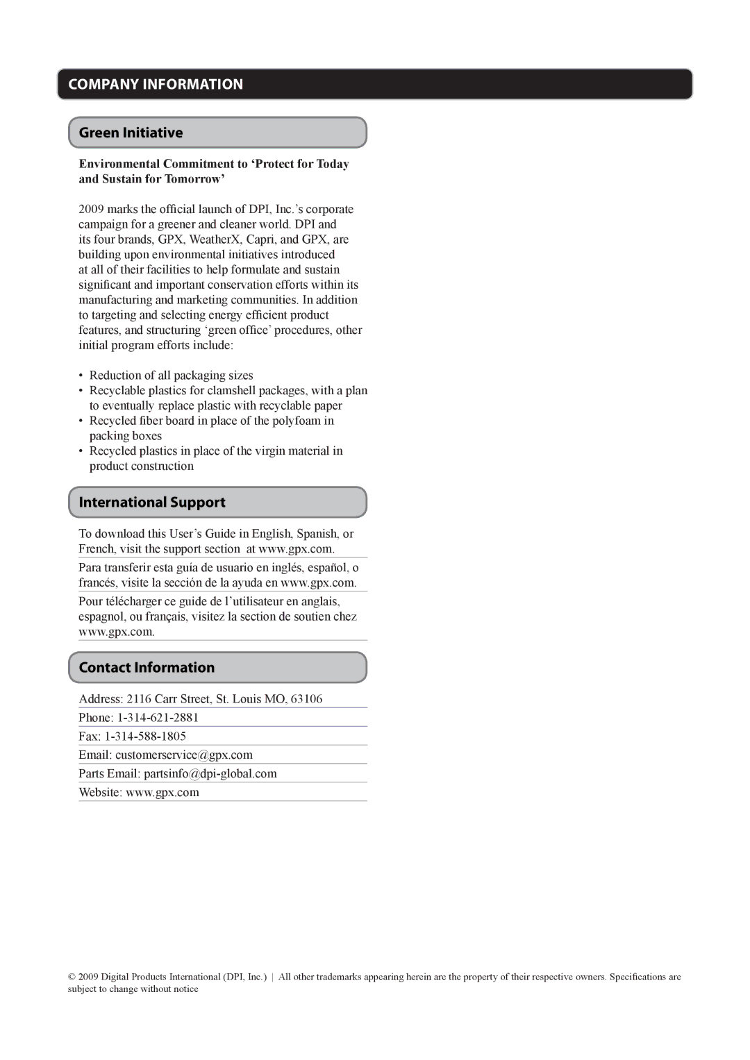 GPX TD2420 manual Company Information, Green Initiative, International Support Contact Information 