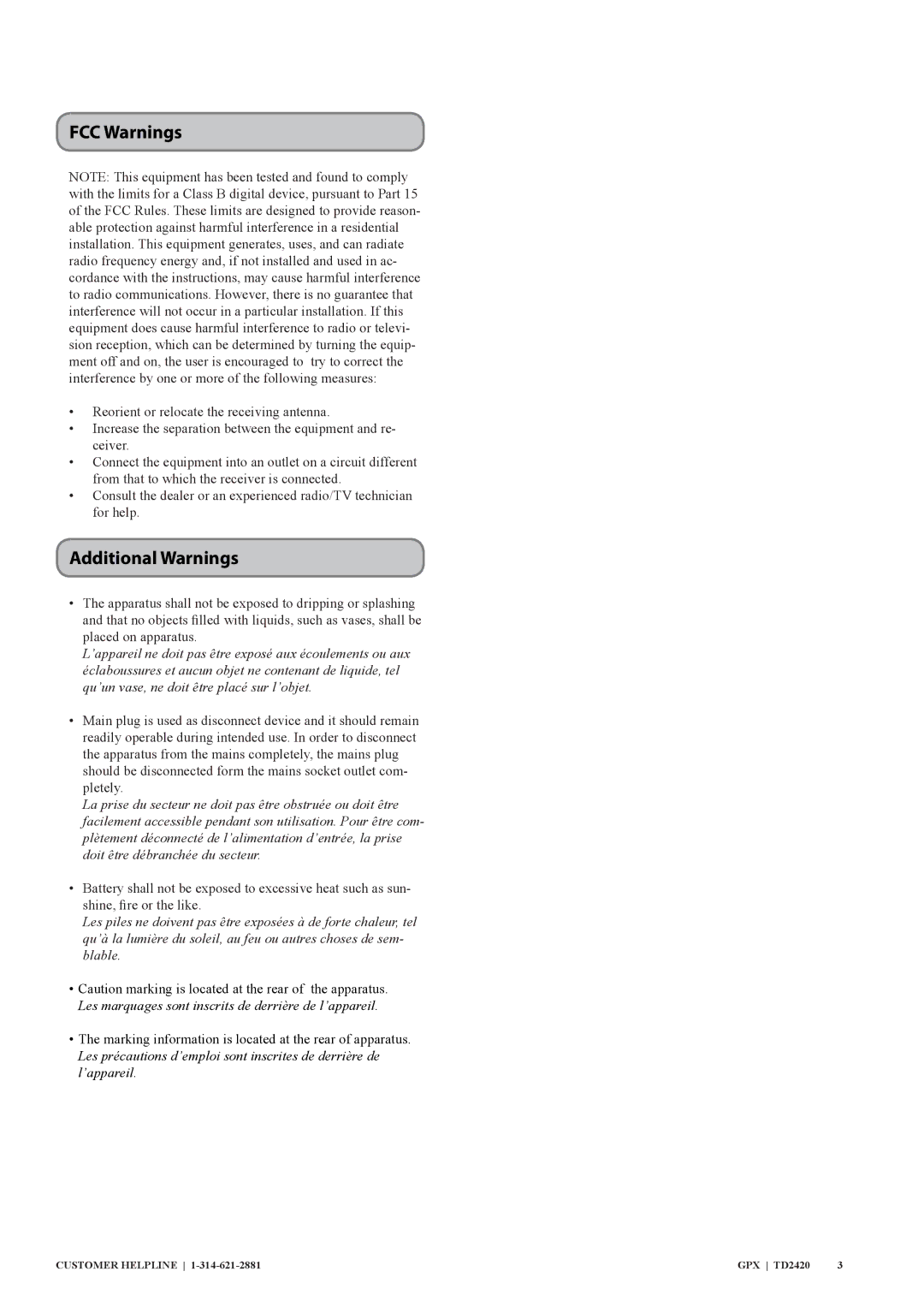 GPX TD2420 manual FCC Warnings, Additional Warnings 