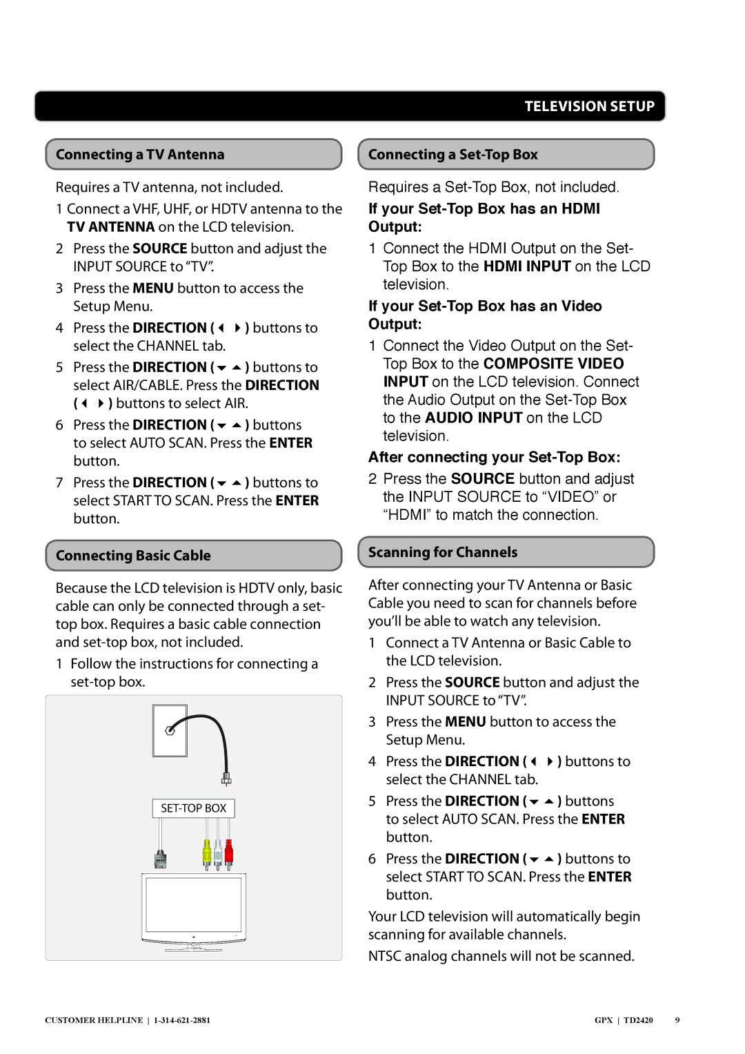 GPX TD2420 manual Connecting a TV Antenna, Connecting Basic Cable, Connecting a Set-Top Box, Scanning for Channels 