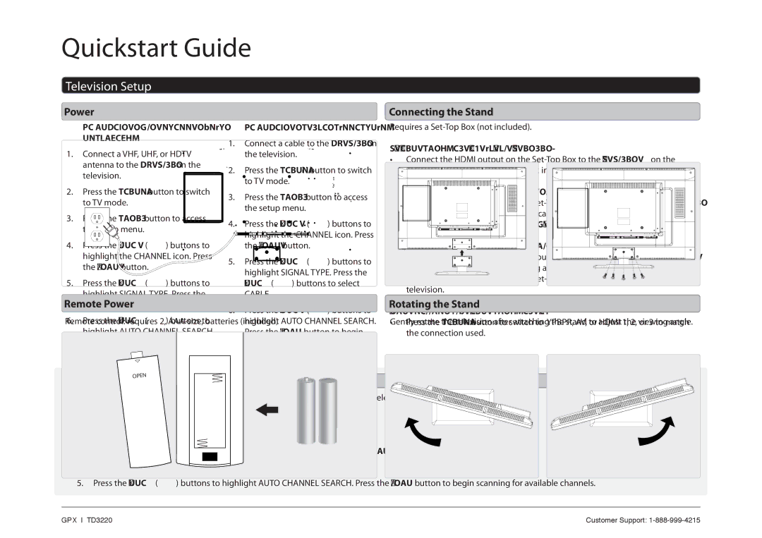 GPX TD3220 quick start Television Setup 