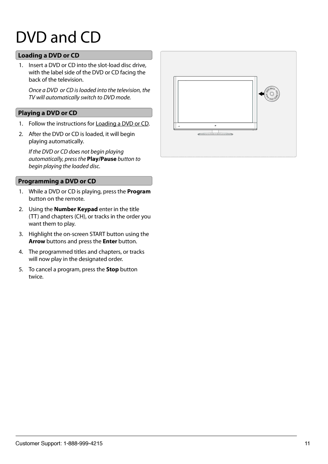 GPX TD3222 manual DVD and CD, Loading a DVD or CD, Playing a DVD or CD, Programming a DVD or CD 