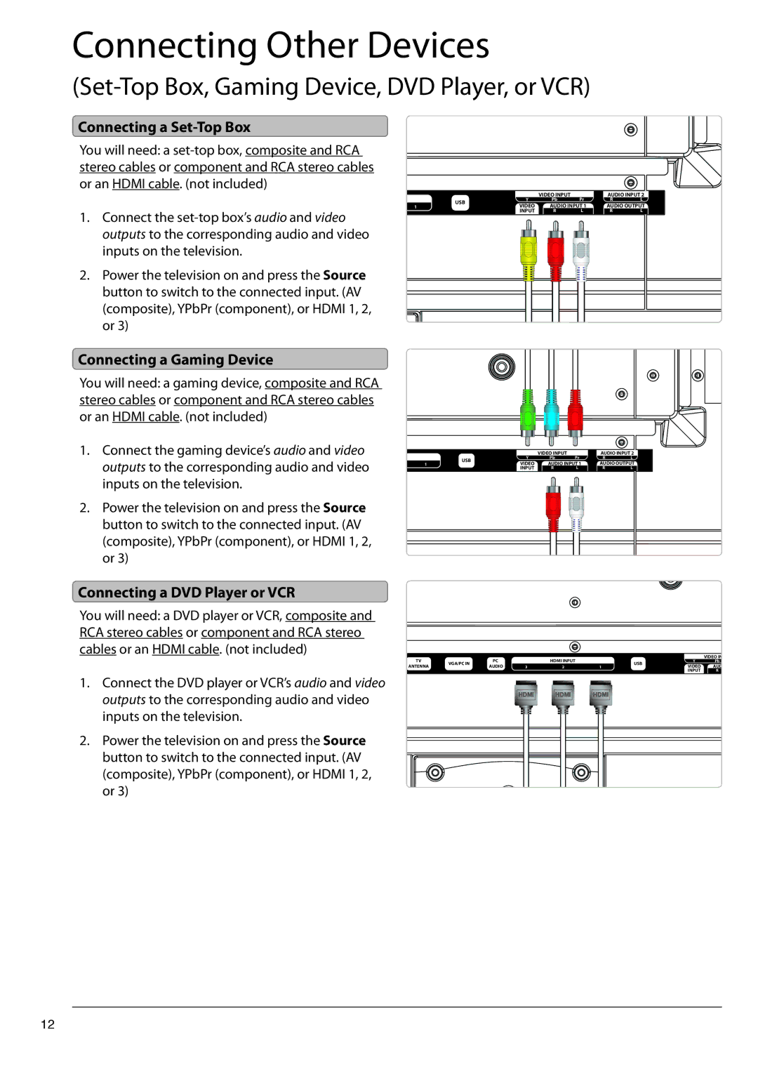 GPX TD3222 manual Connecting Other Devices, Connecting a Gaming Device, Connecting a DVD Player or VCR 