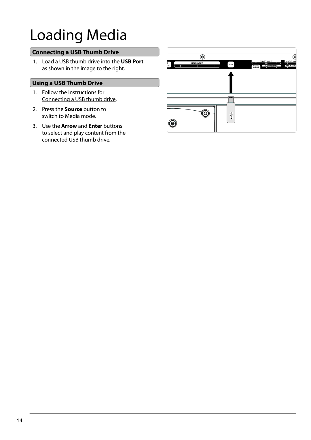 GPX TD3222 manual Loading Media, Connecting a USB Thumb Drive, Using a USB Thumb Drive 