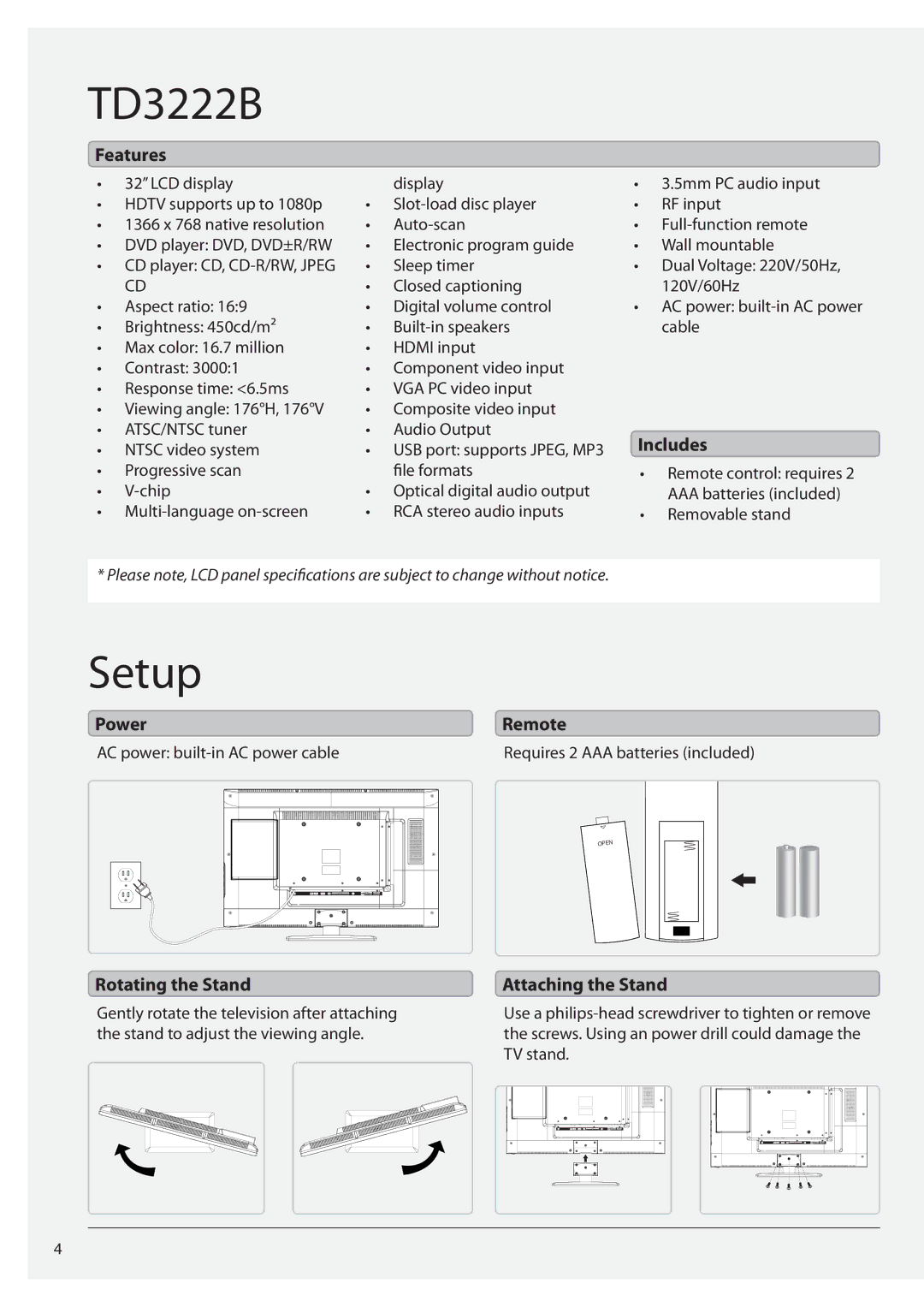 GPX manual TD3222B, Setup 