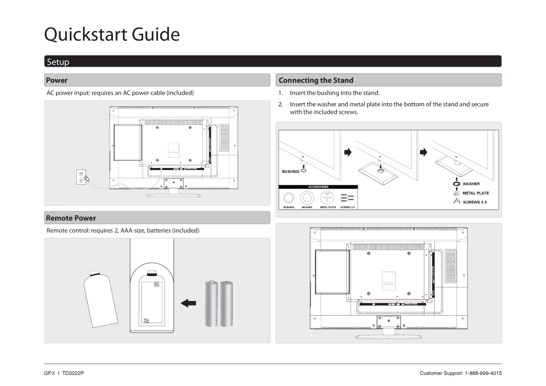 GPX TD3222P quick start Setup, Remote Power, Connecting the Stand 