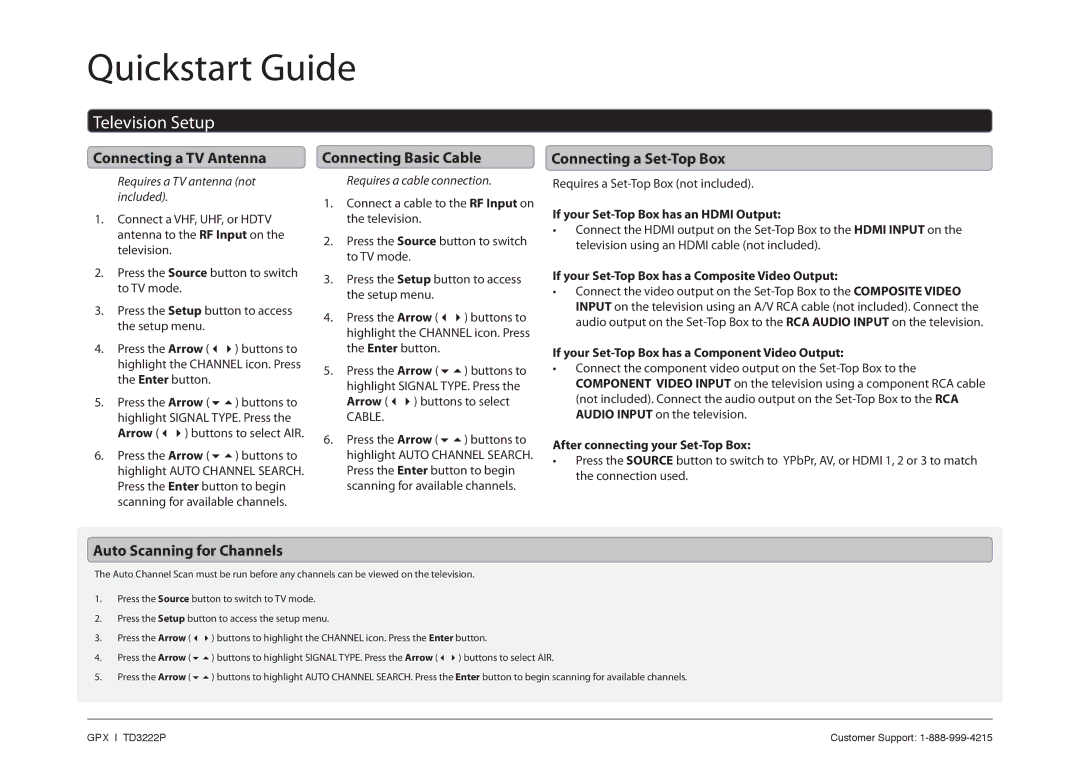 GPX TD3222P quick start Television Setup, Connecting a TV Antenna, Connecting Basic Cable, Connecting a Set-Top Box 