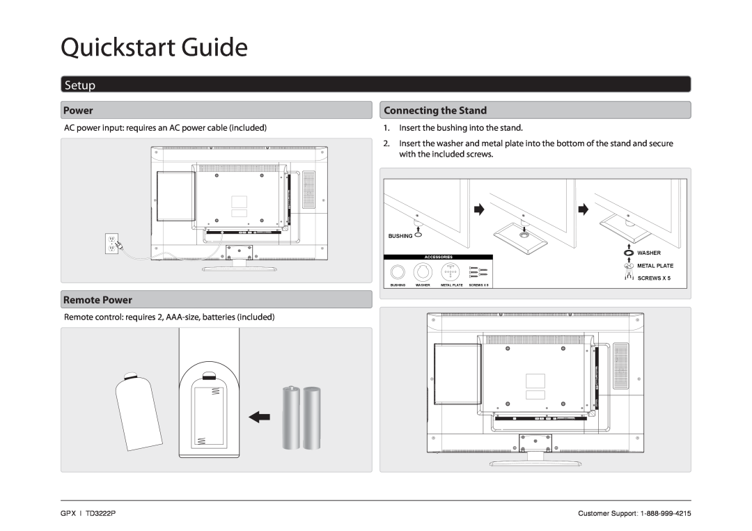 GPX TD3222P quick start Quickstart Guide, Setup, Remote Power, Connecting the Stand 