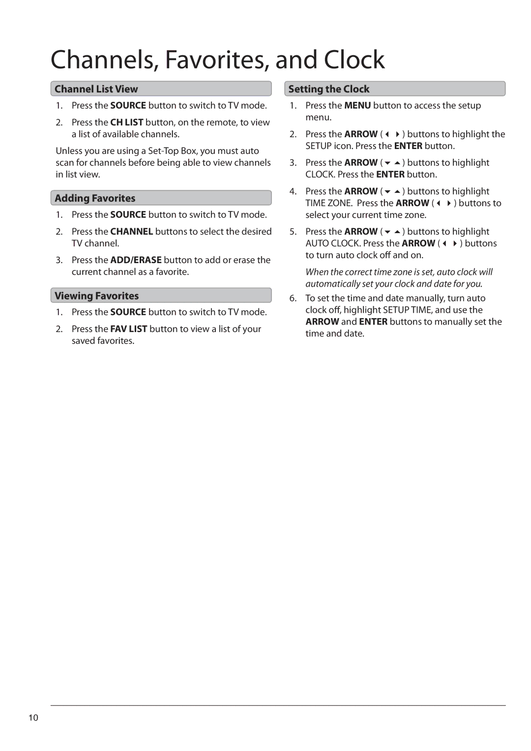 GPX TD4221B Channels, Favorites, and Clock, Channel List View, Adding Favorites, Viewing Favorites, Setting the Clock 