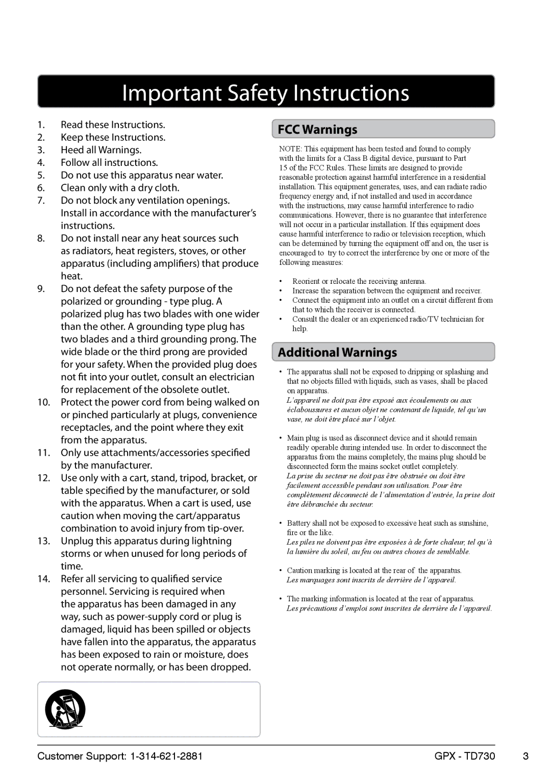 GPX TD730B, 0842-0414-10 manual FCC Warnings, Additional Warnings 