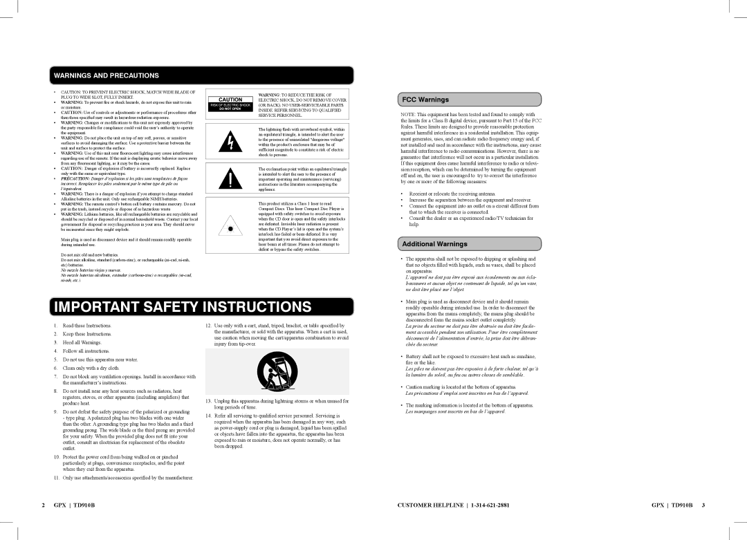 GPX TD910B manual Important Safety Instructions 