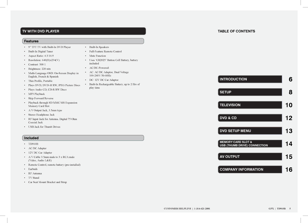 GPX TD910B manual TV with DVD Player, Features, Included, Introduction Setup Television DVD & CD DVD Setup Menu 