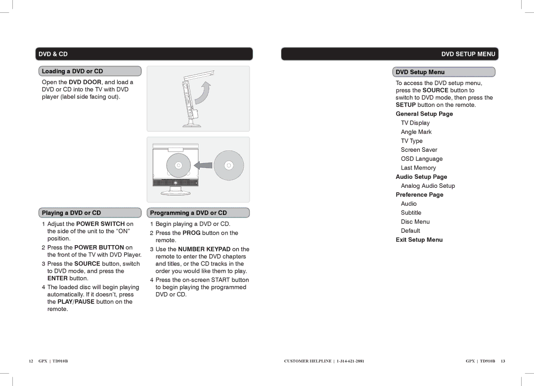 GPX TD910B Loading a DVD or CD, Playing a DVD or CD, Programming a DVD or CD, DVD Setup Menu, General Setup, Audio Setup 