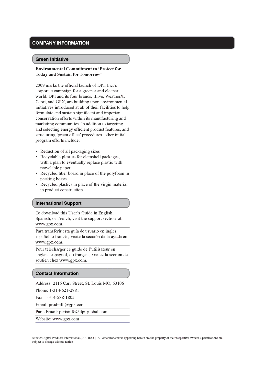 GPX TD910B manual Company Information 