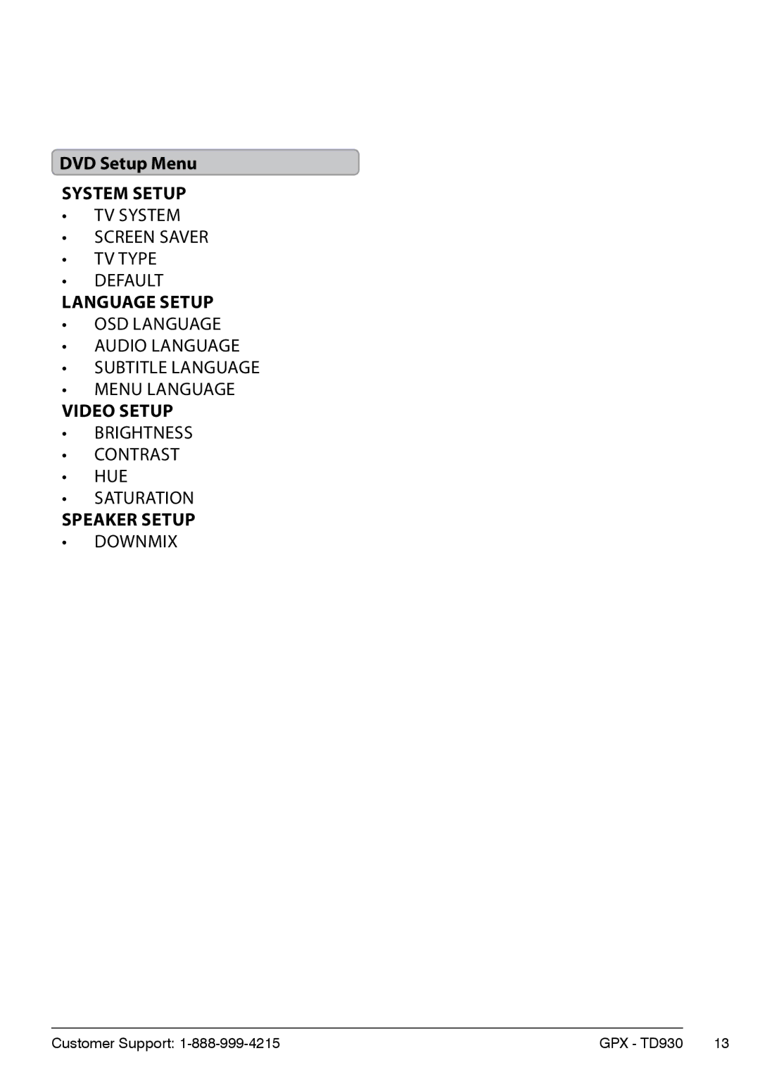 GPX TD930B, 1630-0629-10 manual DVD Setup Menu System Setup, Language Setup, Video Setup, Speaker Setup 