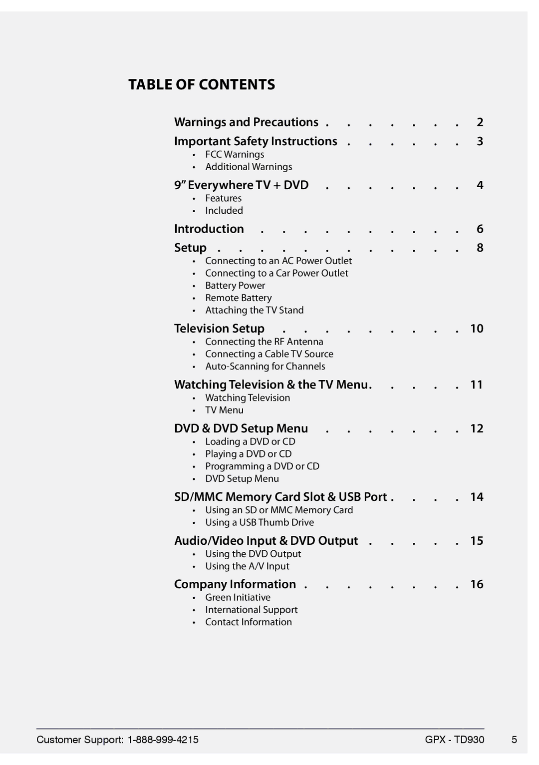 GPX 1630-0629-10, TD930B manual Table of Contents 