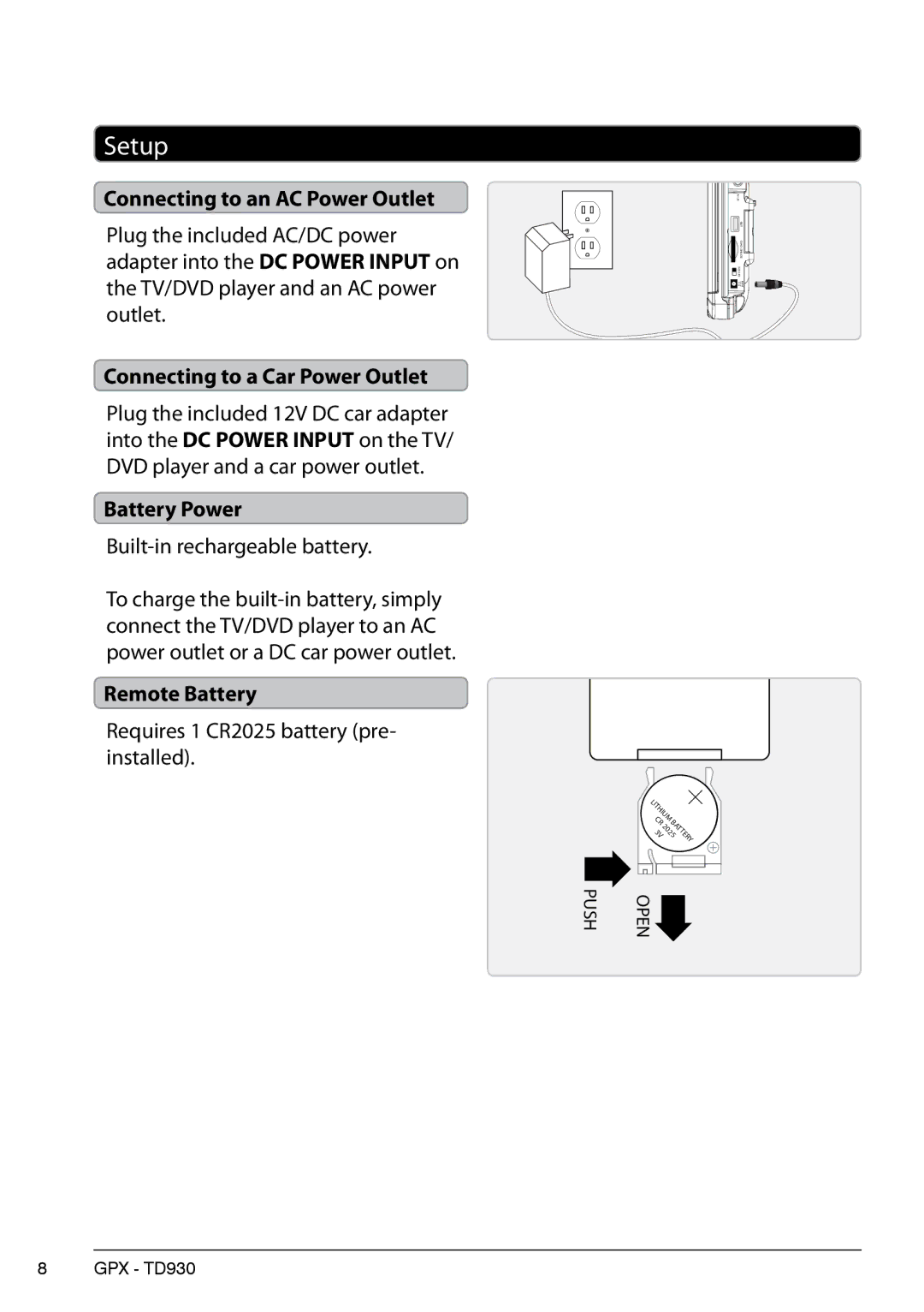 GPX 1630-0629-10 Setup, Connecting to an AC Power Outlet, Connecting to a Car Power Outlet, Battery Power, Remote Battery 