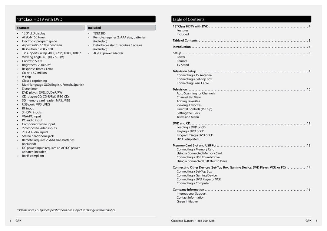 GPX TDE1380 manual Class Hdtv with DVD, Table of Contents 