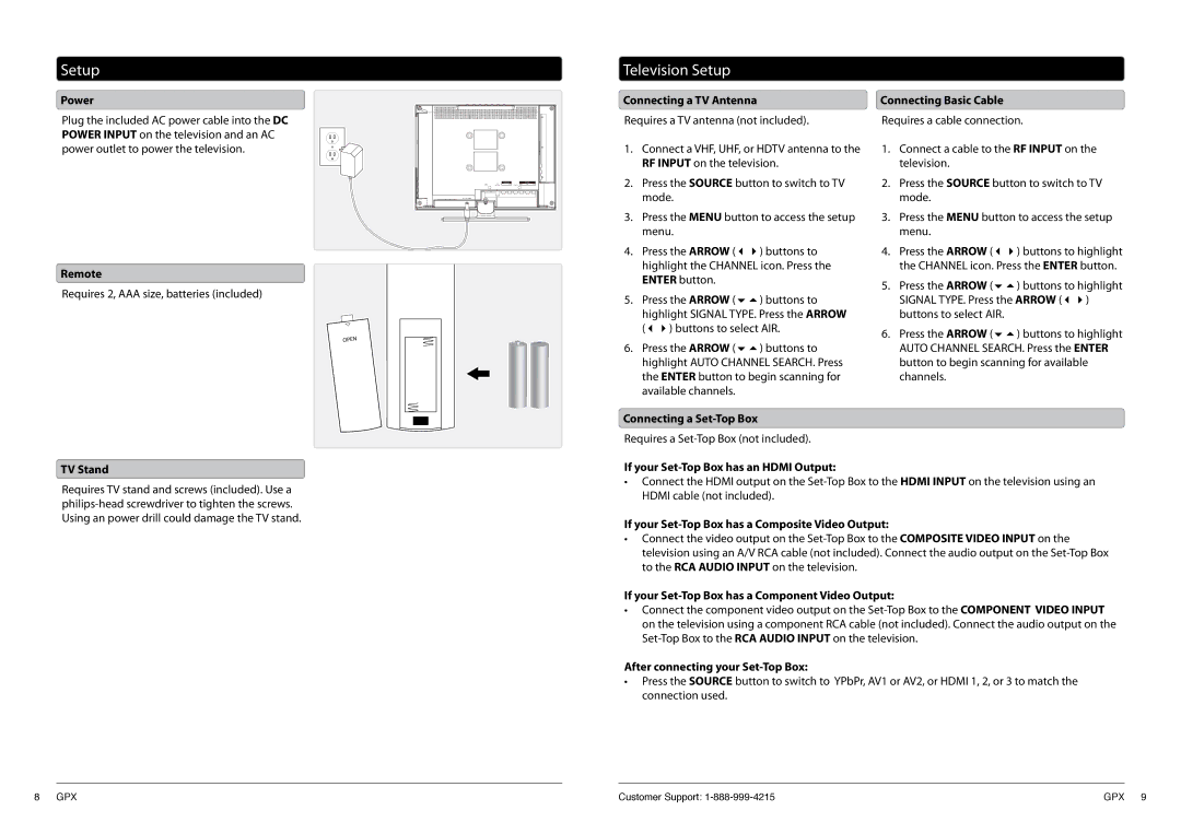 GPX TDE1380 manual Television Setup 