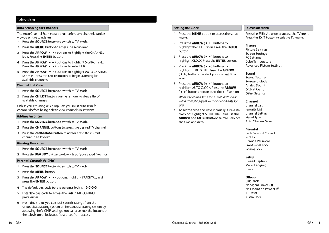 GPX TDE1380 manual Television 