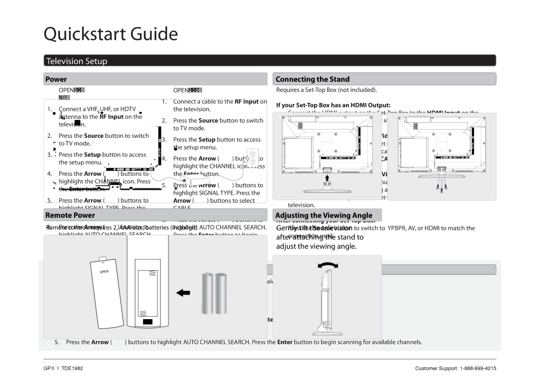 GPX TDE1982 quick start Television Setup 