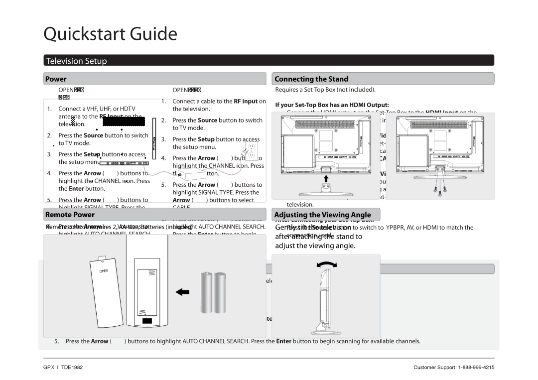 GPX TDE1982 quick start Television Setup 