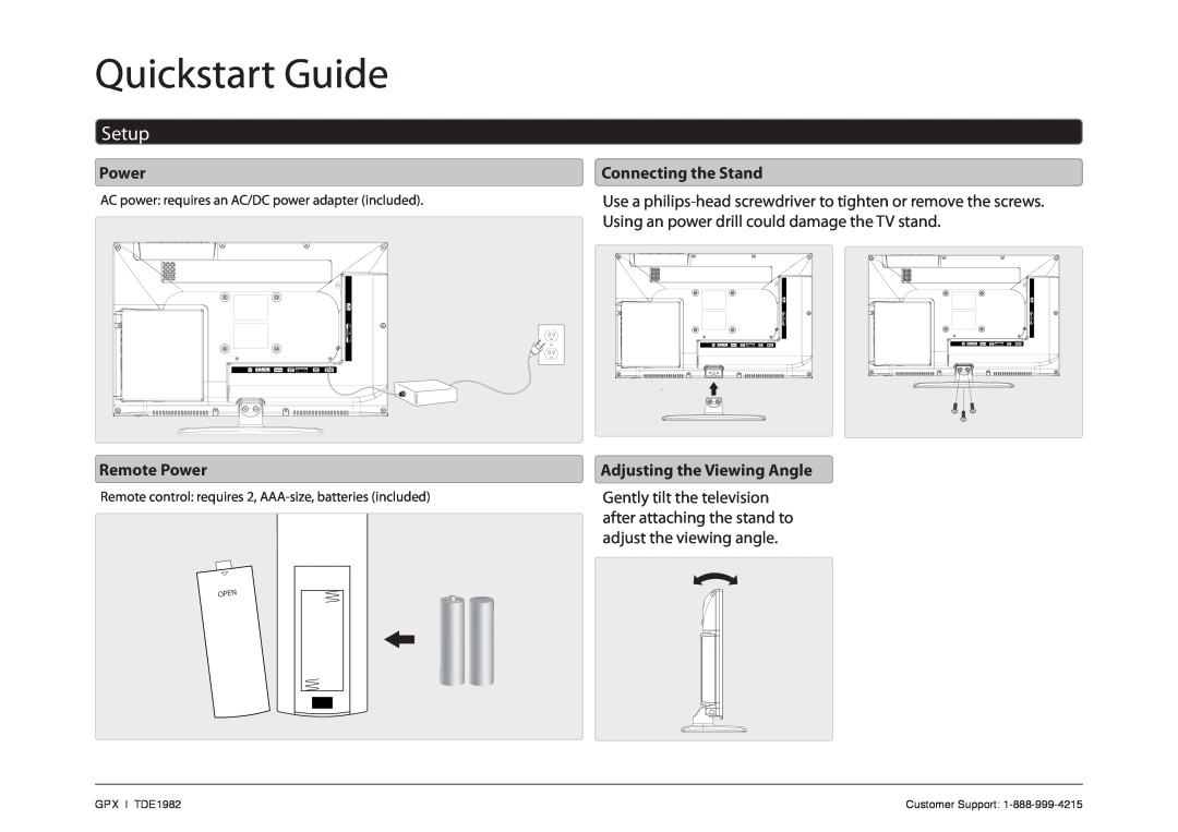 GPX TDE1982 quick start Quickstart Guide, Setup, Connecting the Stand, Remote Power 
