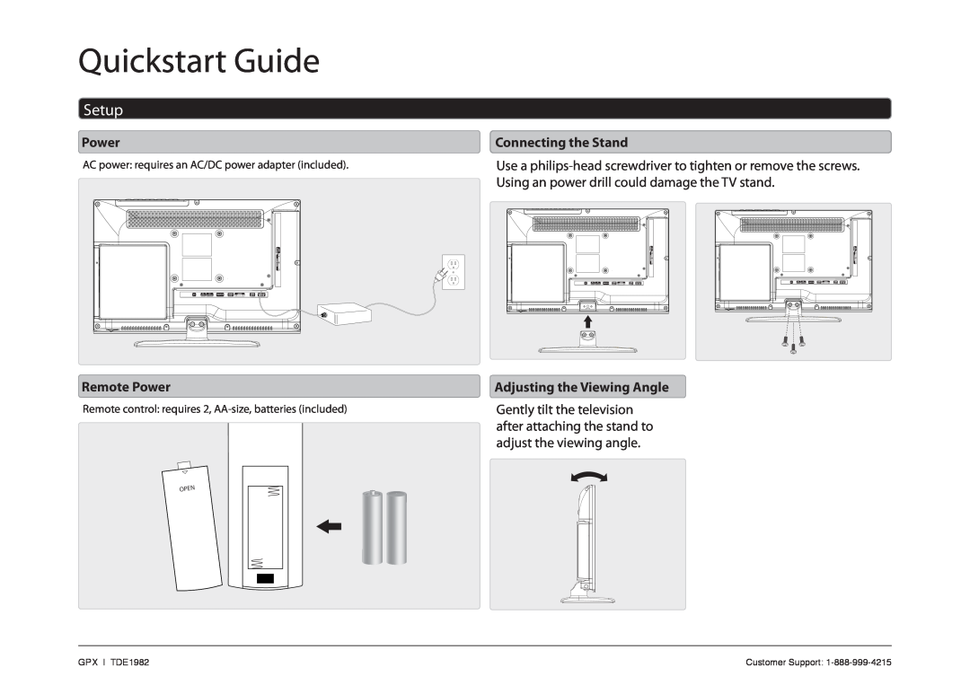GPX TDE1982 quick start Quickstart Guide, Setup, Connecting the Stand, Remote Power 