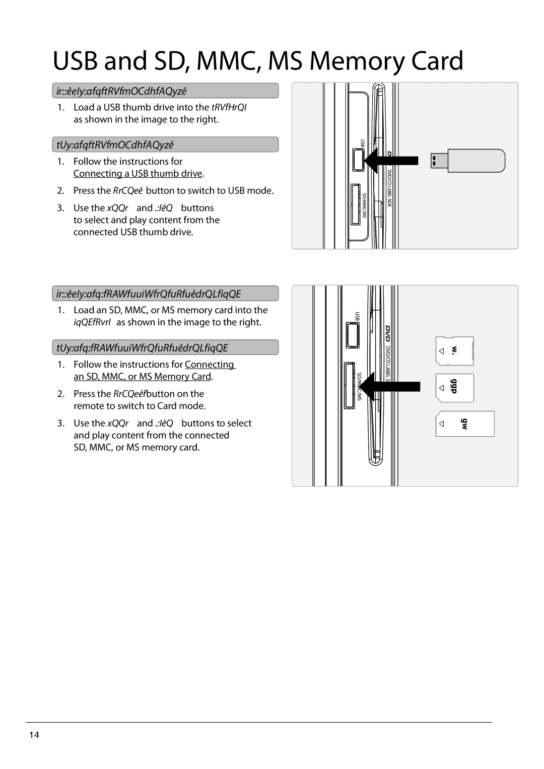 GPX TDE1982B manual USB and SD, MMC, MS Memory Card, Connecting a USB Thumb Drive, Using a USB Thumb Drive 