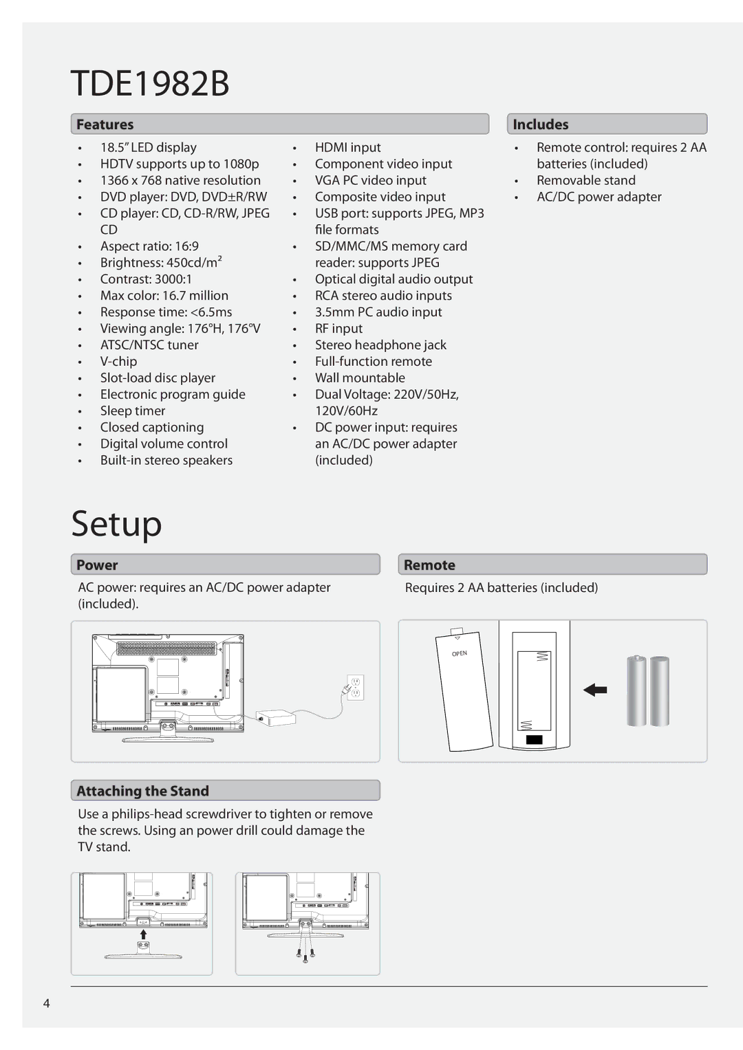 GPX TDE1982B manual Setup, Features, Power, Attaching the Stand 