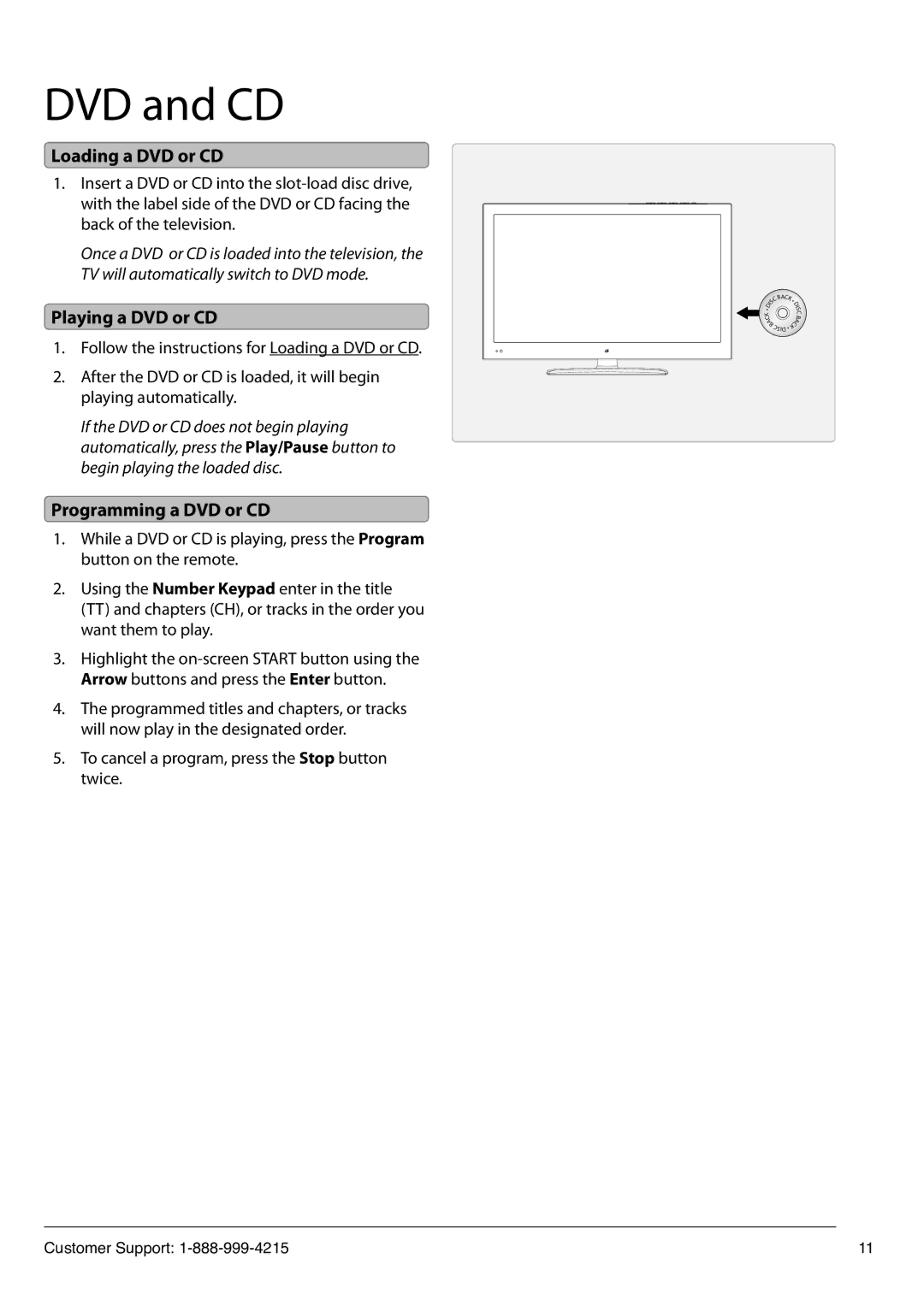 GPX TDE2382B manual DVD and CD, Loading a DVD or CD, Playing a DVD or CD, Programming a DVD or CD 