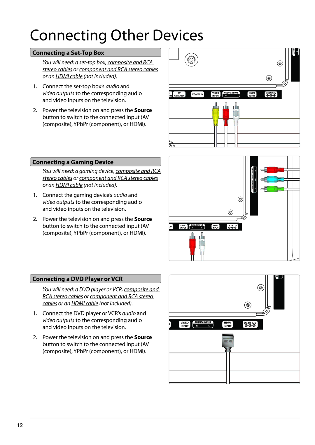 GPX TDE2382B manual Connecting Other Devices, Connecting a Gaming Device, Connecting a DVD Player or VCR 