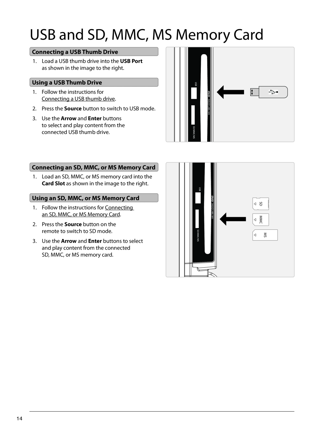 GPX TDE2382B manual USB and SD, MMC, MS Memory Card, Connecting a USB Thumb Drive, Using a USB Thumb Drive 