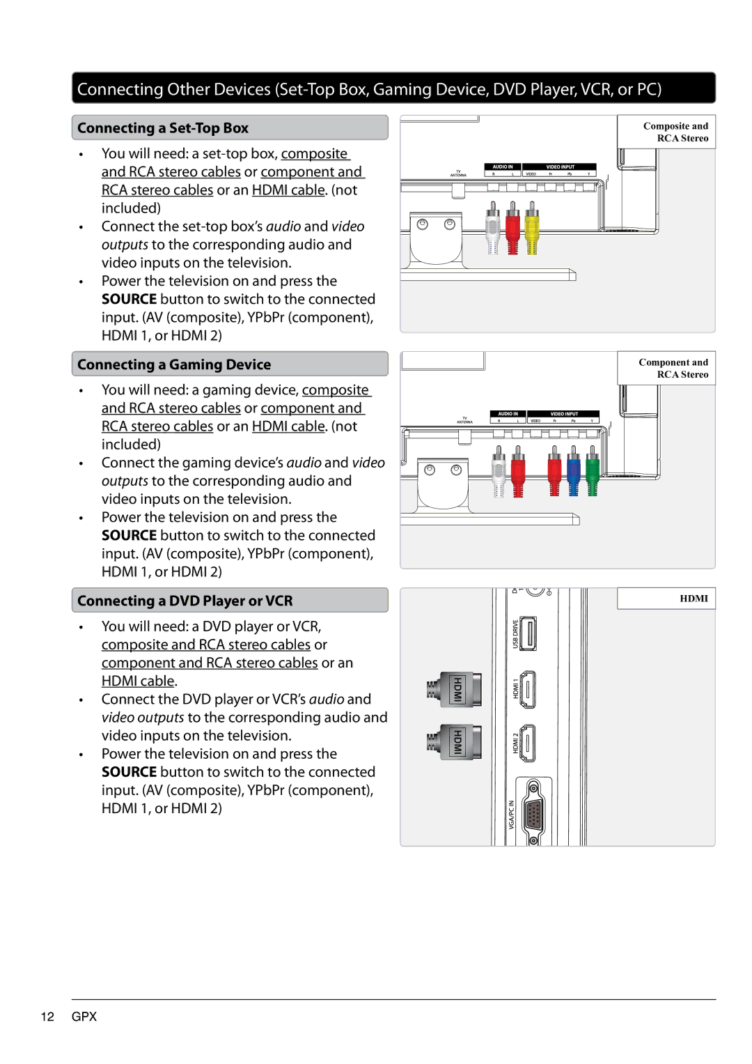 GPX TE1380 manual Connecting a Gaming Device, Connecting a DVD Player or VCR 