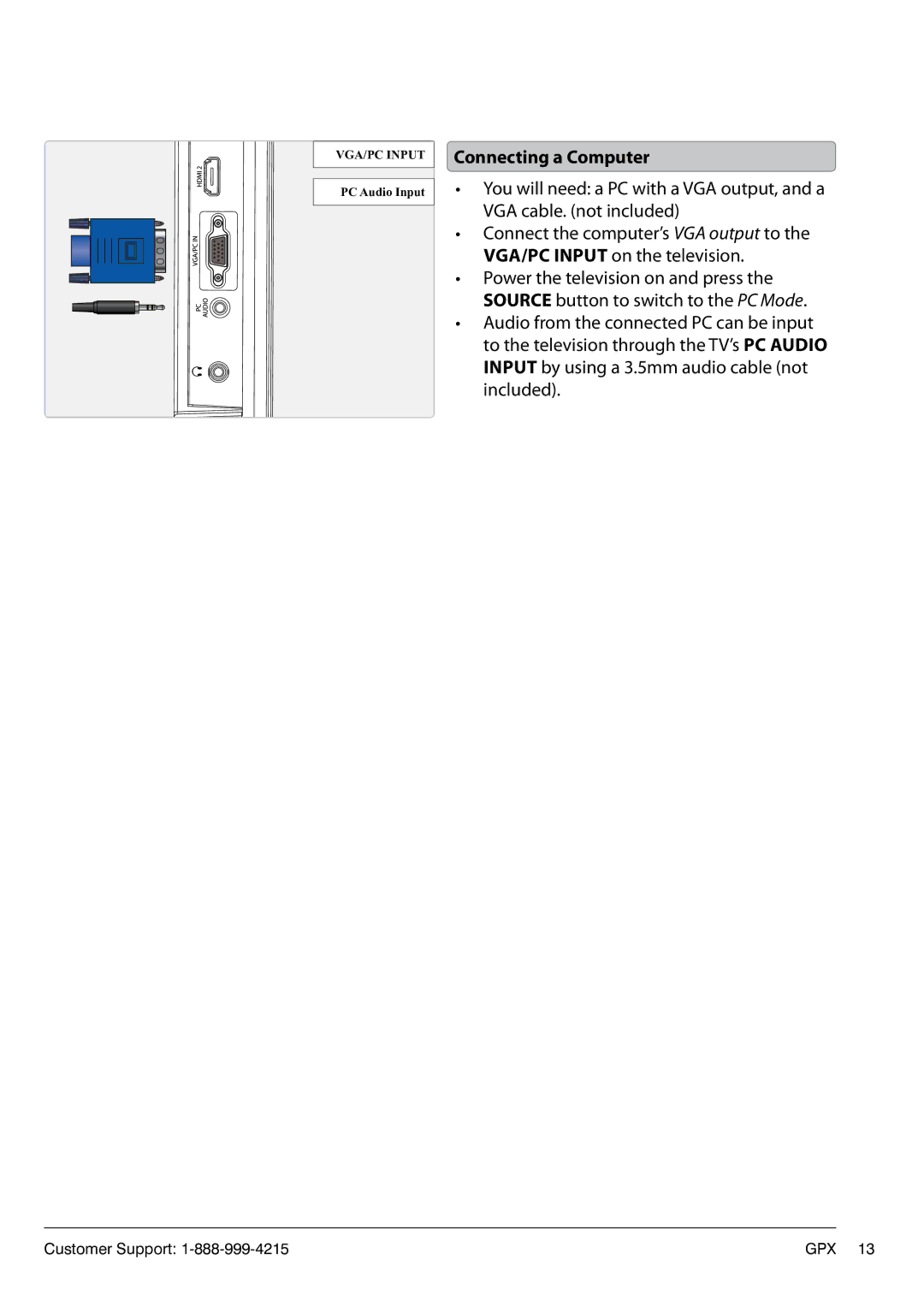 GPX TE1380 manual Connecting a Computer 