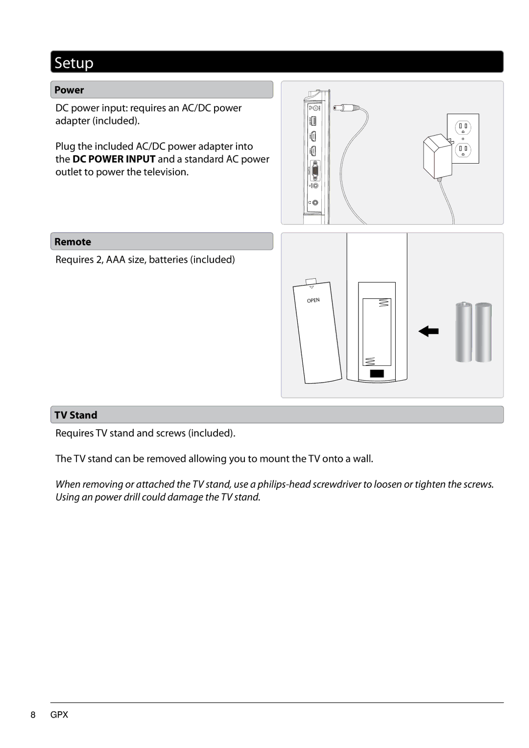 GPX TE1380 manual Setup, Power, Remote, TV Stand 