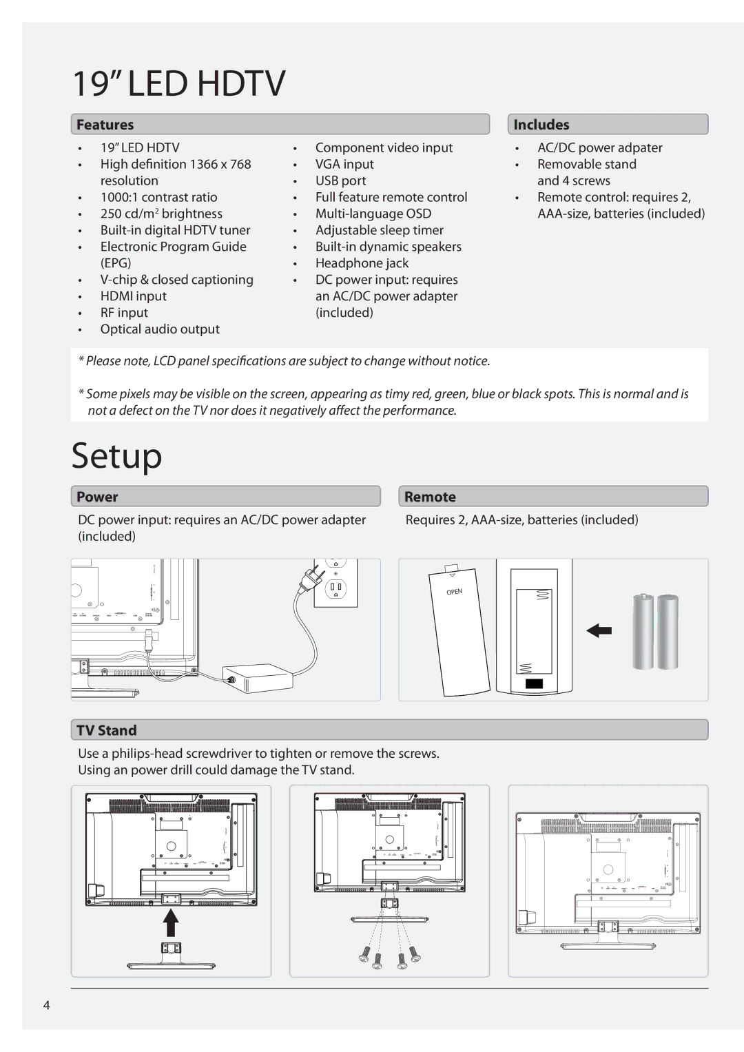 GPX TE1980B manual Setup, Features Includes, Power, TV Stand, Remote 