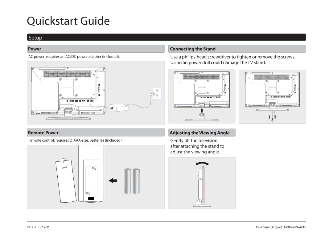 GPX TE1982 quick start Setup, Remote Power, Connecting the Stand, Adjusting the Viewing Angle 