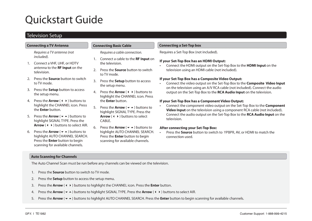 GPX TE1982 quick start Television Setup 